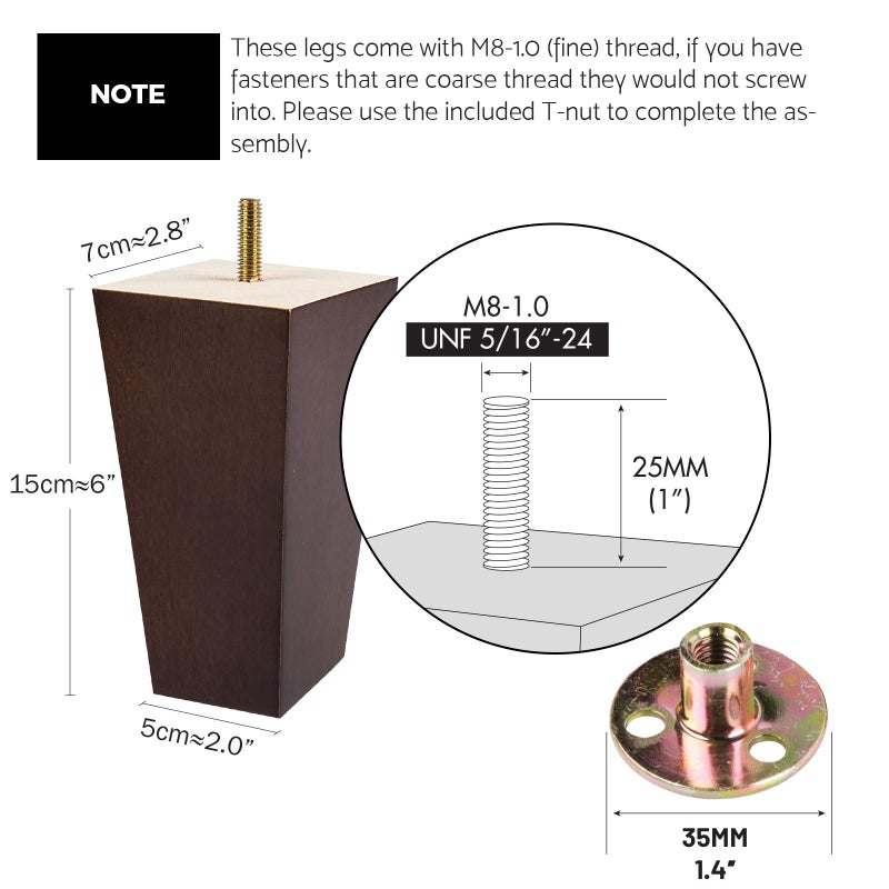 La Vane 6 inch Wooden Furniture Legs  Set of 4 Solid Wood Square Walnut Mid-Century Modern M8 Replacement Bun Feet with Pre-Drilled 5/16 Inch Bolt & Mounting Plate & Screws for Couch Sofa Armchair - Image 4